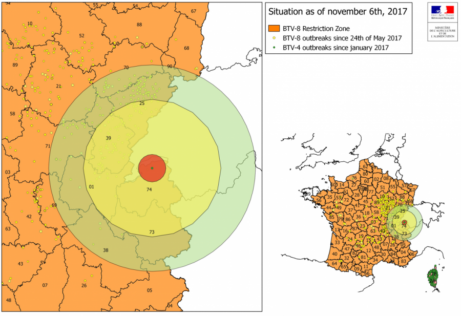 Figure 1. Carte de zonage au tour du foyer et situation en France métropolitaine au 6 novembre 2017