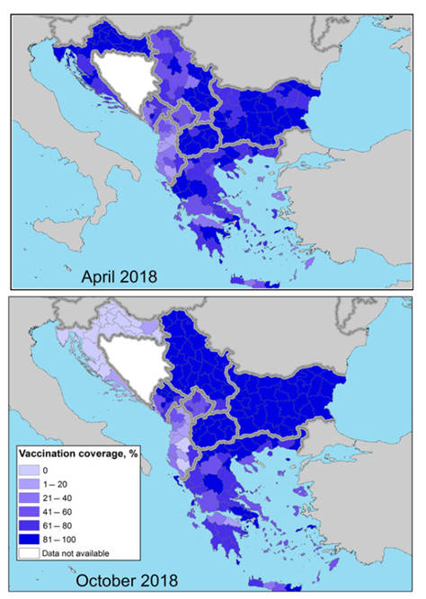 Figure 1. Carte de la couverture vaccinale pour la DNCB dans les Balkans en avril 2018 (en haut) et en octobre 2018 (en bas) 