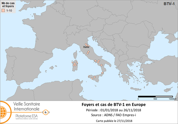 Figure 1. Foyers de FCO sérotype 1 déclarés en Europe en 2018