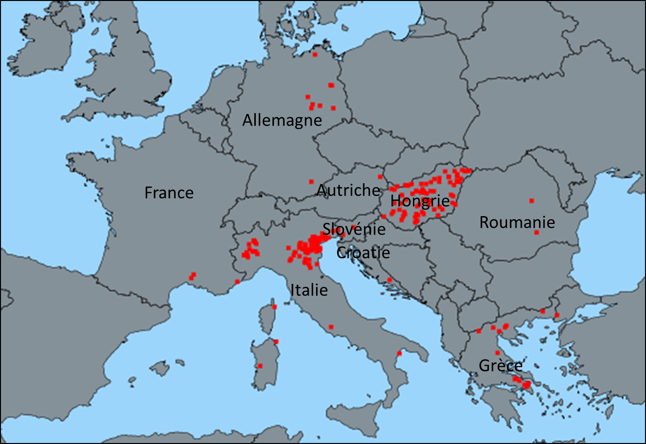 Figure 1. Localisation des foyers de fièvre West Nile en Europe en 2018 chez des animaux