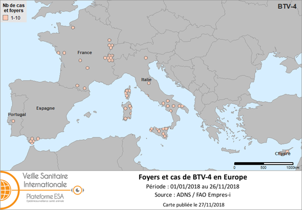Figure 2. Foyers de FCO sérotype 4 déclarés en Europe en 2018