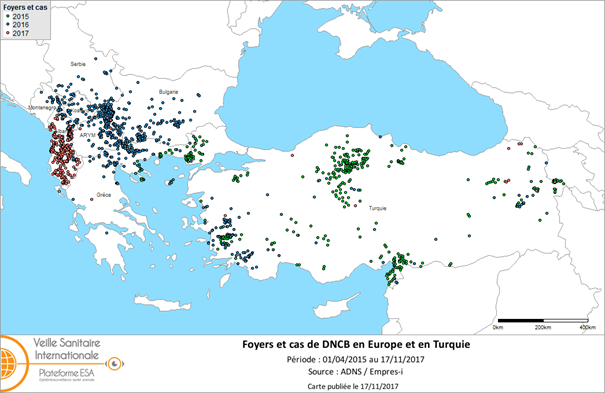 Figure 3. Foyers de DNCB déclarés en Europe et en Turquie du 1er avril 2015 au 17 novembre 2017