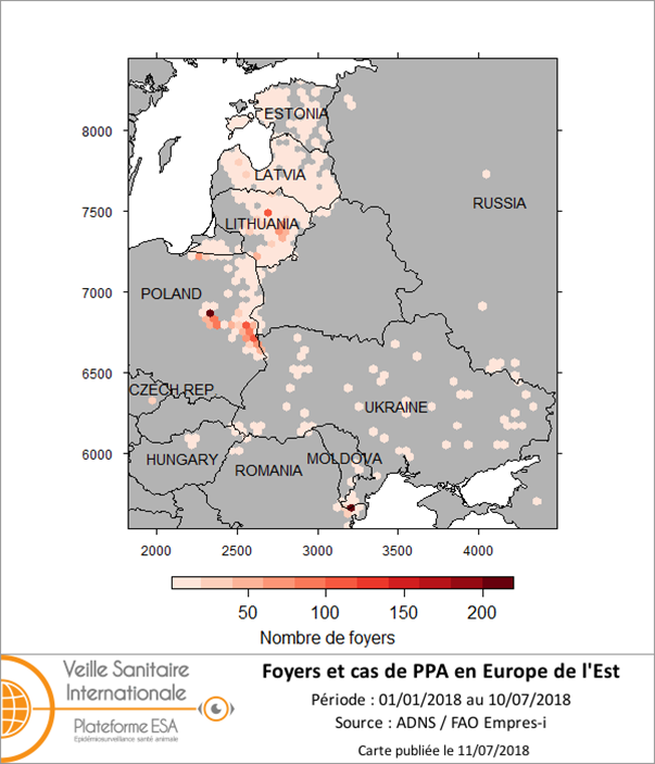 Figure : Nombre de cas de PPA dans la faune sauvage et de foyers en élevage confirmés par mois en Europe