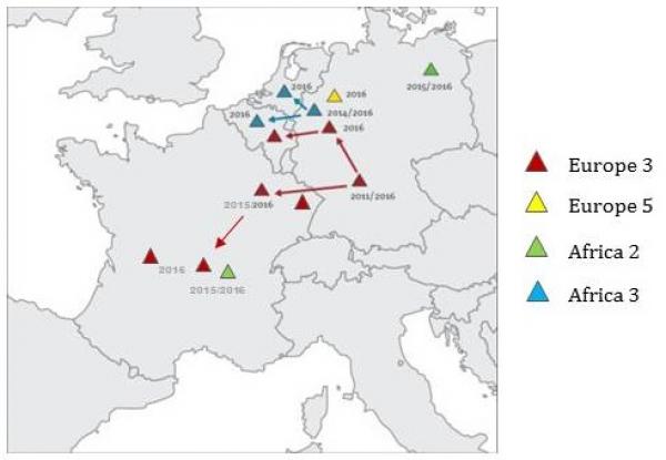 Figure 1. Localisation des différentes souches du virus Usutu isolées en Europe de l’Ouest en 2015-2016