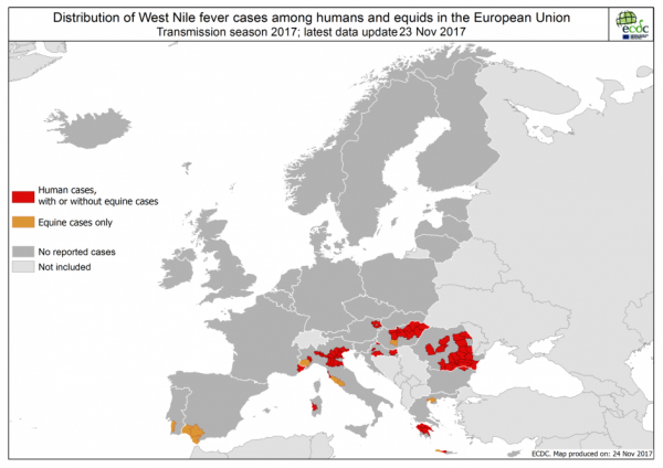 Figure 3. Distribution des cas de fièvre West Nile chez l’Homme et les chevaux dans l’Union européenne en 2017