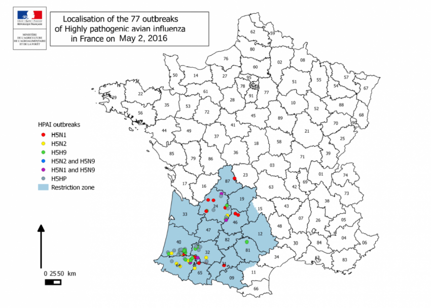 Figure 3 Répartition géographique des foyers confirmés d’influenza aviaire H5 HP