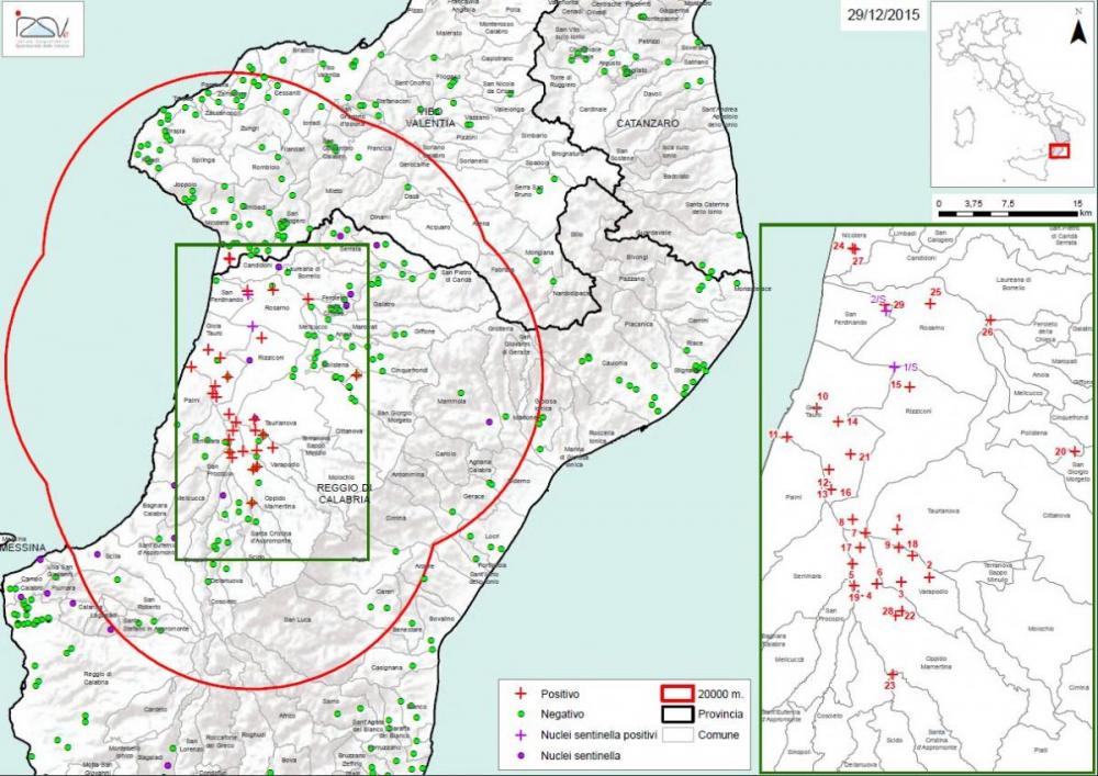  Carte 1 Localisation des foyers d'infestation par A. tumida en Calabre