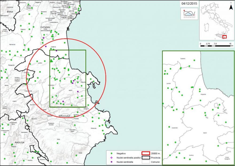 Carte 2  Localisation des foyers d'infestation par A. tumida en Sicile