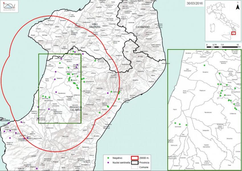Carte 1 Localisation des foyers d'infestation par A. tumida en Calabre 