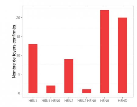 Figure 6 Répartition des foyers confirmés d’Influenza aviaire HP selon le ou les sous-types  isolés