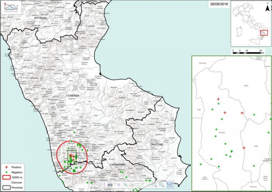 Figure 1 Localisation des quatre foyers d’Aethina tumida identifiés les 25 et 28 juillet 2016 dans la province de Cosenza 
