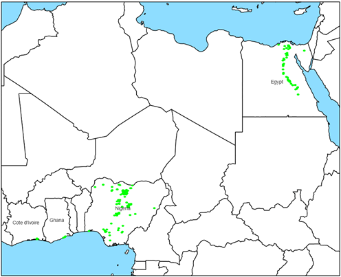 Figure 1 Foyers d'influenza aviaire hautement pathogène de sous-type H5N1 en Afrique de décembre 2015 à avril 2016