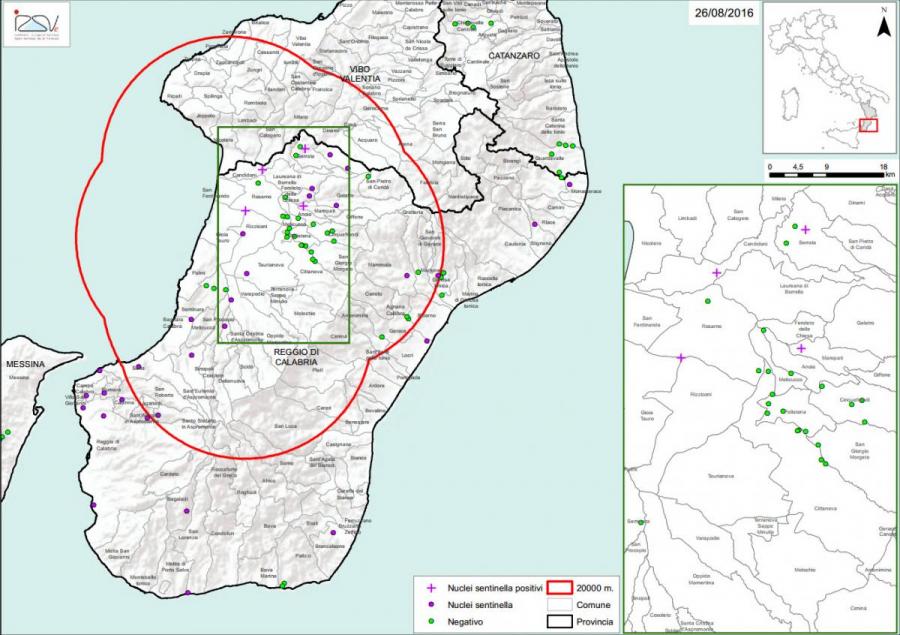 Figure 2 Localisation des foyers d’Aethina tumida découverts en 2016 dans la zone initiale d’infestation de Reggio di Calabria