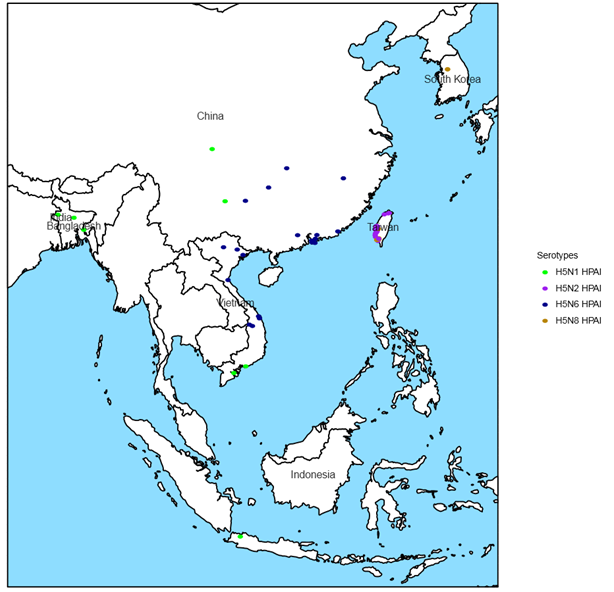 Figure 2 Foyers d'influenza aviaire hautement pathogène de sous-type H5 en Asie de décembre 2015 à avril 2016
