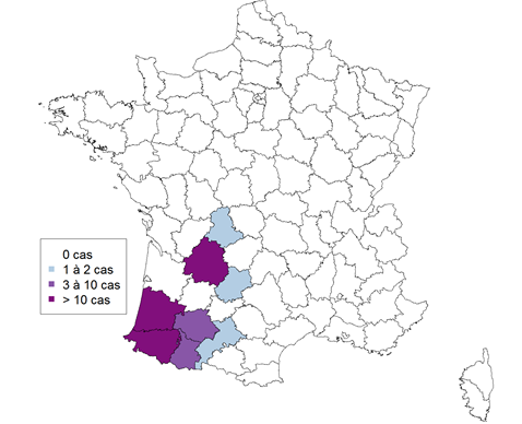 Figure 2 Répartition géographique des foyers confirmés d’Influenza aviaire H5 HP en France
