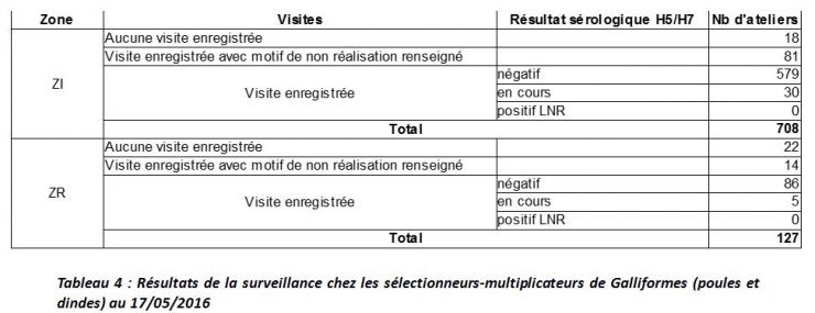 Tableau 4 résultats de la surveillance chez les sélectionneurs-multiplicateurs de galliformes 