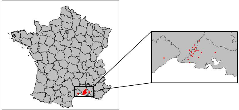 Figure 1 Carte des foyers de West Nile chez les chevaux en France en 2015