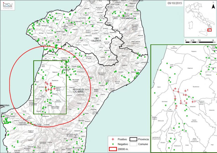 Carte 1 Localisation des foyers d'infestation par A. tumida en Calabre (09/10/2015)