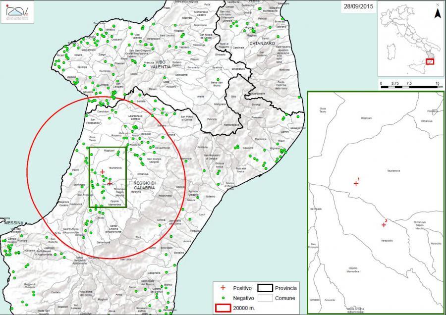 Carte 1 Localisation des foyers d'infestation par A. tumida en Calabre (28/09/2015)