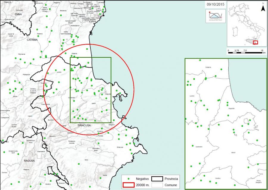 Carte 2 Localisation des foyers d'infestation par A. tumida en Sicile (09/10/2015)