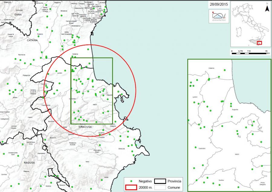 Carte 2 Localisation des foyers d'infestation par A. tumida en Sicile (28/09/2015) 