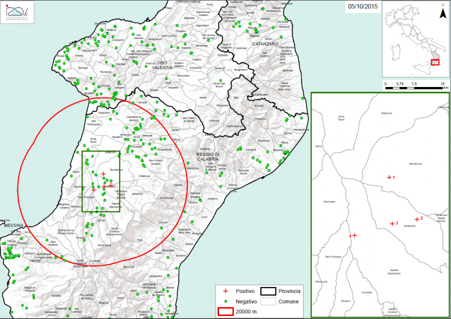 Carte 1 Localisation des foyers d'infestation par A. tumida en Calabre (05/10/2015) 