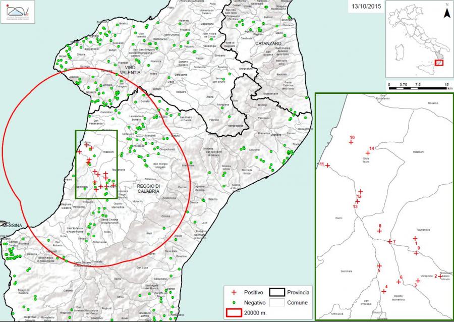 Carte 1 Localisation des foyers d'infestation par A. tumida en Calabre (13/10/2015)