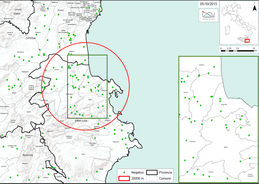 Carte 2 Localisation des foyers d'infestation par A. tumida en Sicile (05/10/2015) 