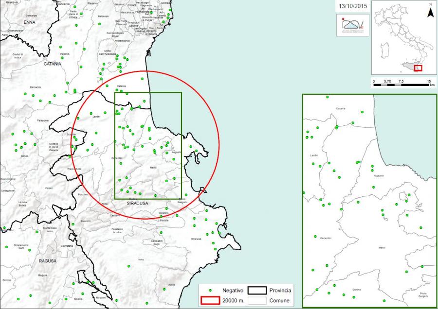 Carte 2 Localisation des foyers d'infestation par A. tumida en Sicile (13/10/2015)