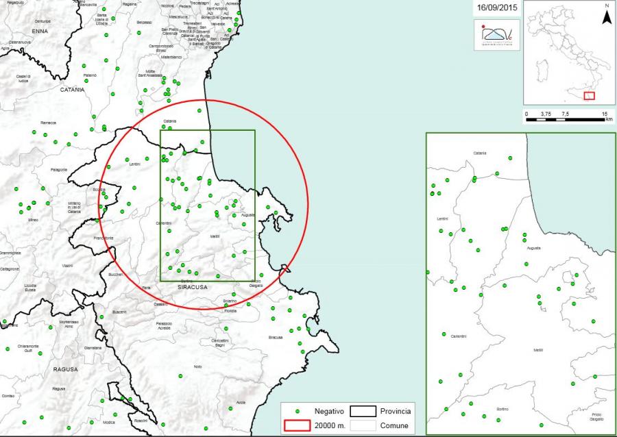 Carte 2 Localisation des foyers d'infestation par A. tumida en Sicile (16/09/2015) 