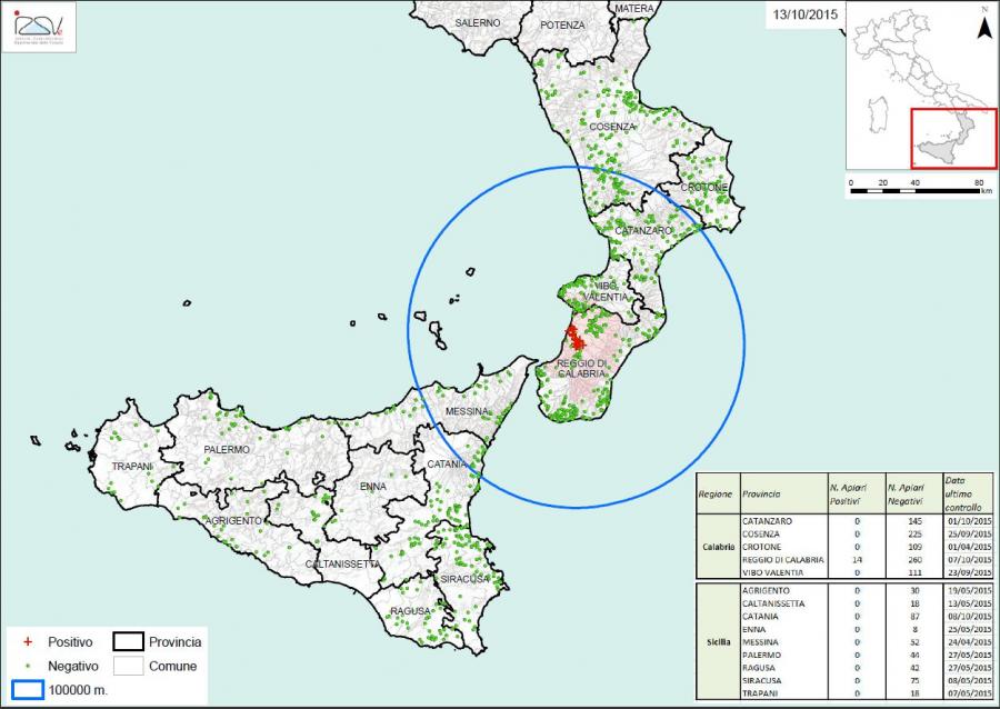 Carte 3 Zones de surveillance d'A. tumida en Italie (13/10/2015) 