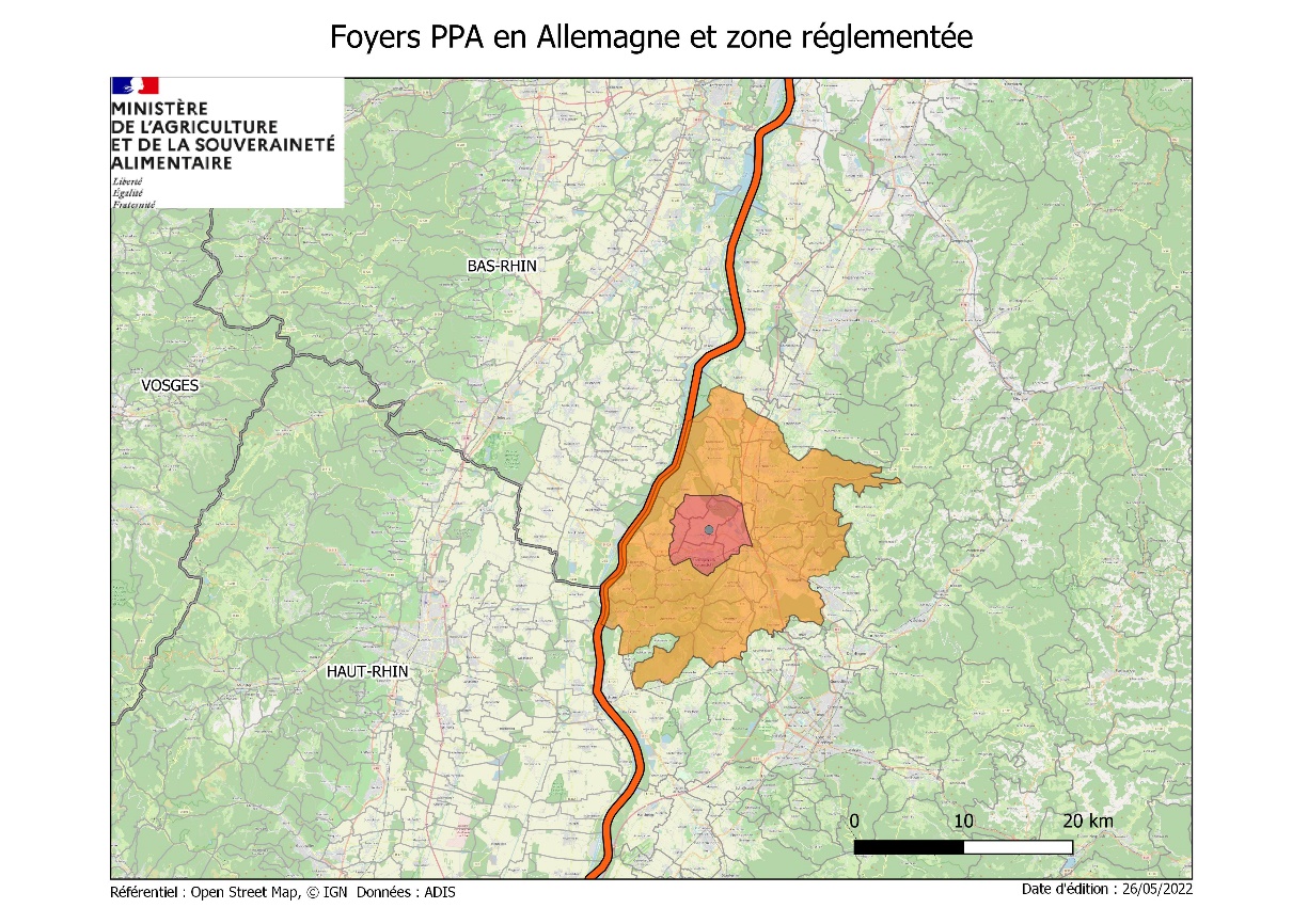 Foyer de PPA détecté le 25/05/2022 en Allemagne à 6,5 km de la frontière française