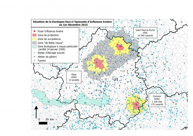 Figure 1 Zones réglementées et foyers d'Influenza aviaire hautement pathogène en Dordogne