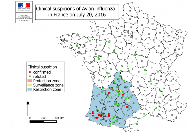 Figure 2 Répartition des suspicions cliniques d'influenza aviaire chez les volailles domestiques au 20 juillet 2016 en France