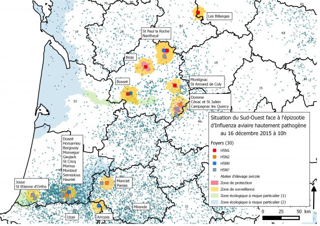Figure 2 Zones réglementées et foyers d'influenza aviaire hautement pathogène dans le Sud-Ouest